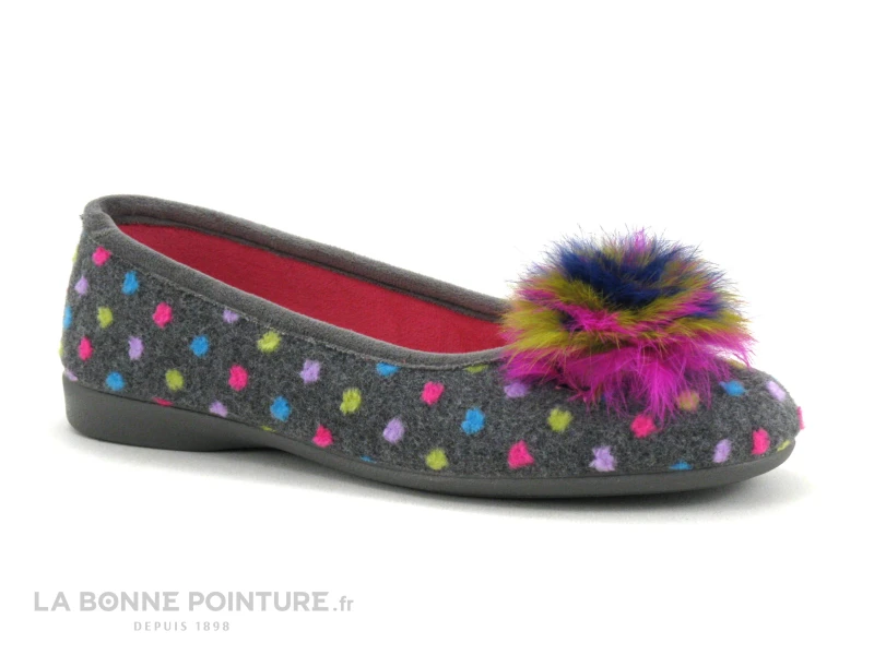 Zels 2378 Gris - Pois Et Pompon Multicolores - Pantoufle Ballerine 1 Zels 2378 Gris - Pois Et Pompon Multicolores - Pantoufle Ballerine